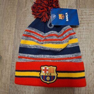 FC Barcelona Striped Knit Beanie Hat With Pom One Size - Unisex
